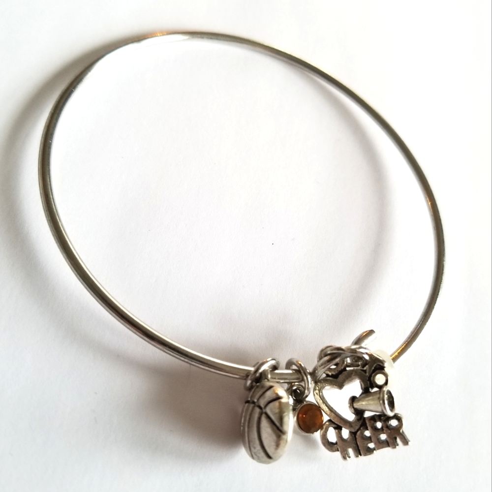 Bracelet cheer basketball charm silver tone wire bangle